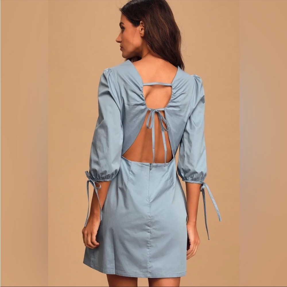 Lulu’s Dream About Me Dusty Blue Backless Mini Dress - Picture 2 of 6